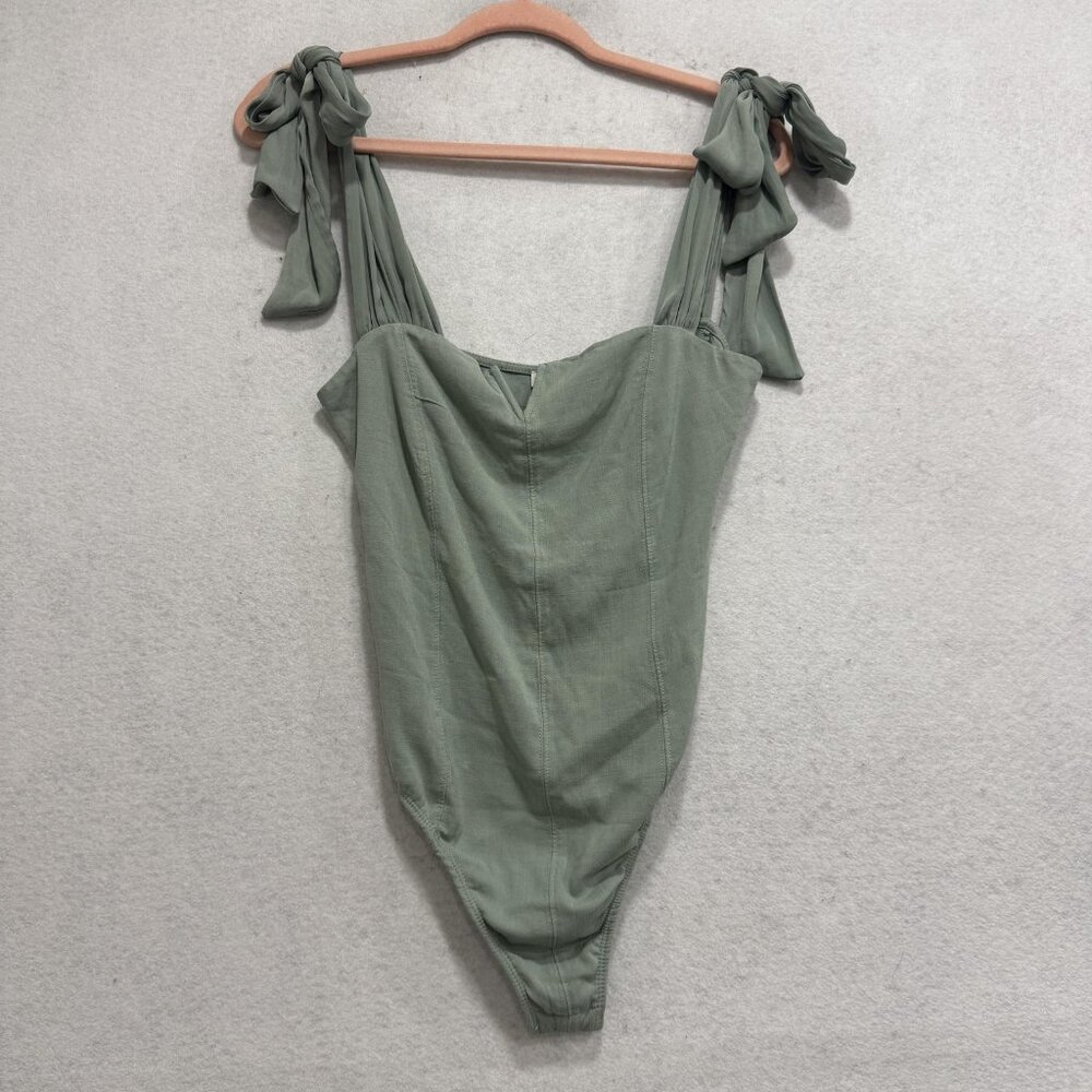 Free People Bodysuit Womens Medium Green Intimately Tie Shoulder Snap OB1604619